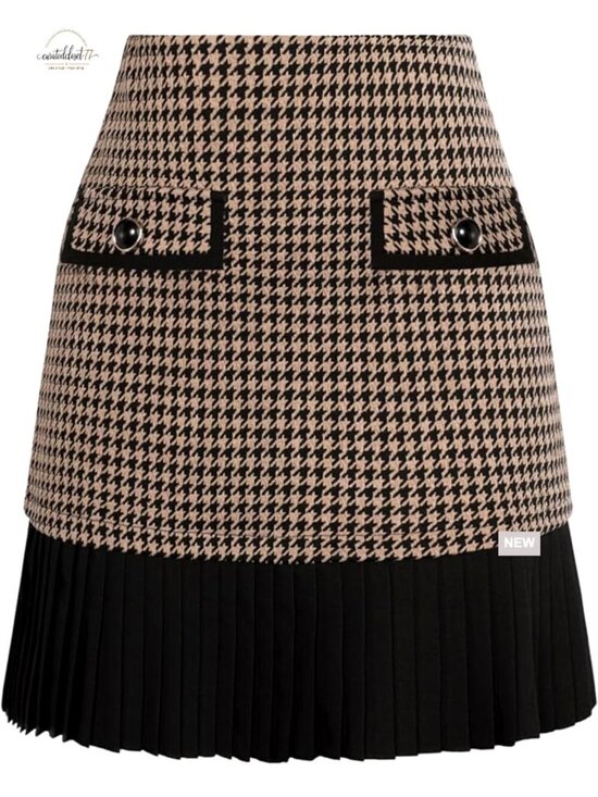 Dresses & Skirts - High Waist Pleated A-Line Mini Skirt, Casual Plaid, Elastic Waist
